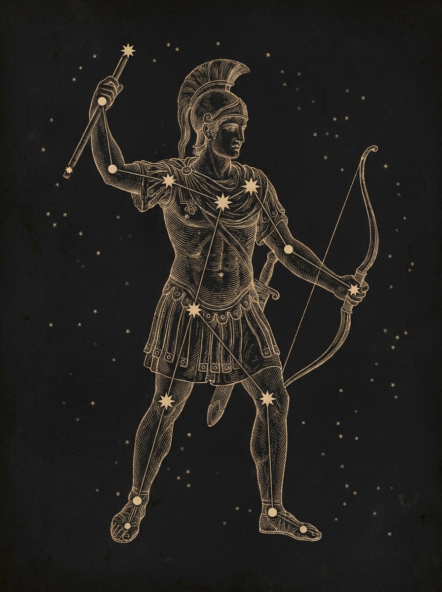 An antique star-atlas engraving of a heroic figure drawn as a constellation